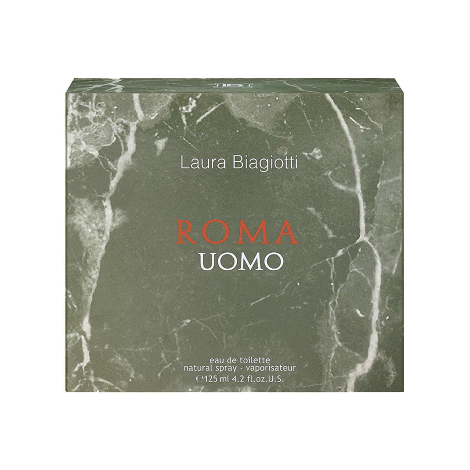 Confezione di Laura Biagiotti ROMA UOMO. Effetto marmo. Testo: Eau de toilette, 125 ml, natural spray.