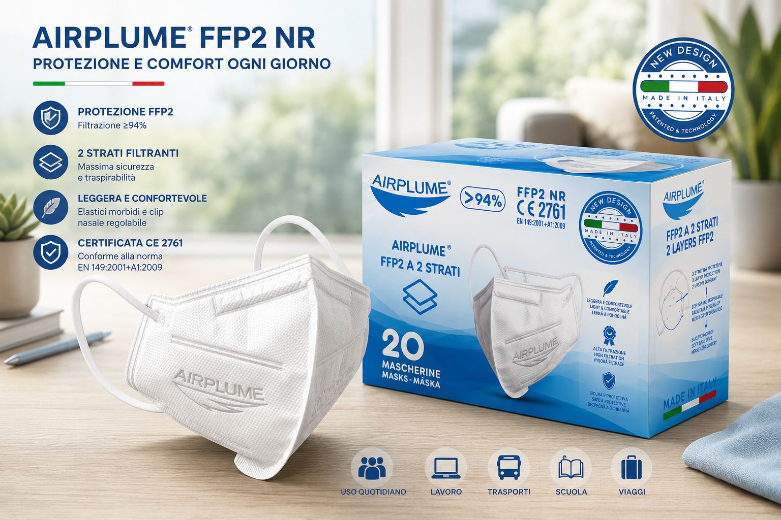 BRAND ITALIA - AIRPLUME FFP2 NR Mascherine colore Bianco