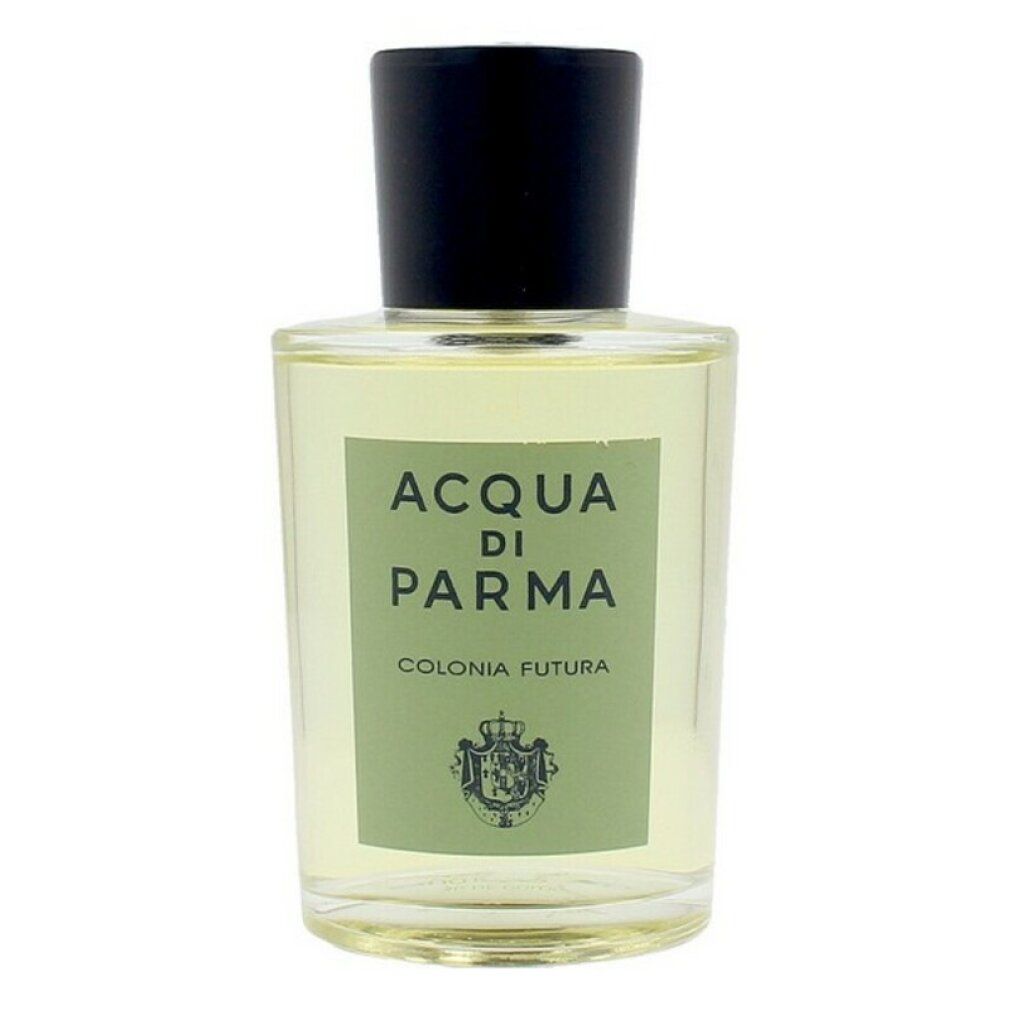 Flacone di profumo con tappo nero. Scritta: Acqua di Parma Colonia Futura. Etichetta verde con stemma.