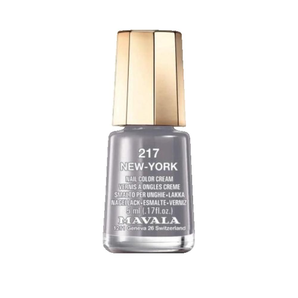 Flacone di smalto grigio. Scritta: 217 NEW-YORK, Nail Color Cream, 5 ml, MAVALA.