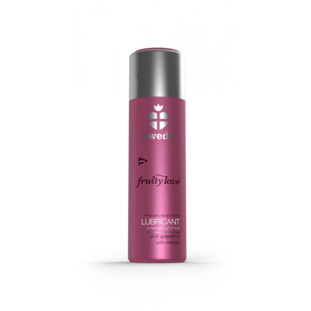 Flacone rosa con tappo argentato. Scritta: Swede, Fruity Love, Lubricant, Pink Grapefruit with Mango.
