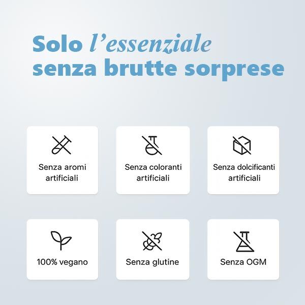 Senza aromi, coloranti, dolcificanti artificiali. 100% vegano, senza glutine, senza OGM.