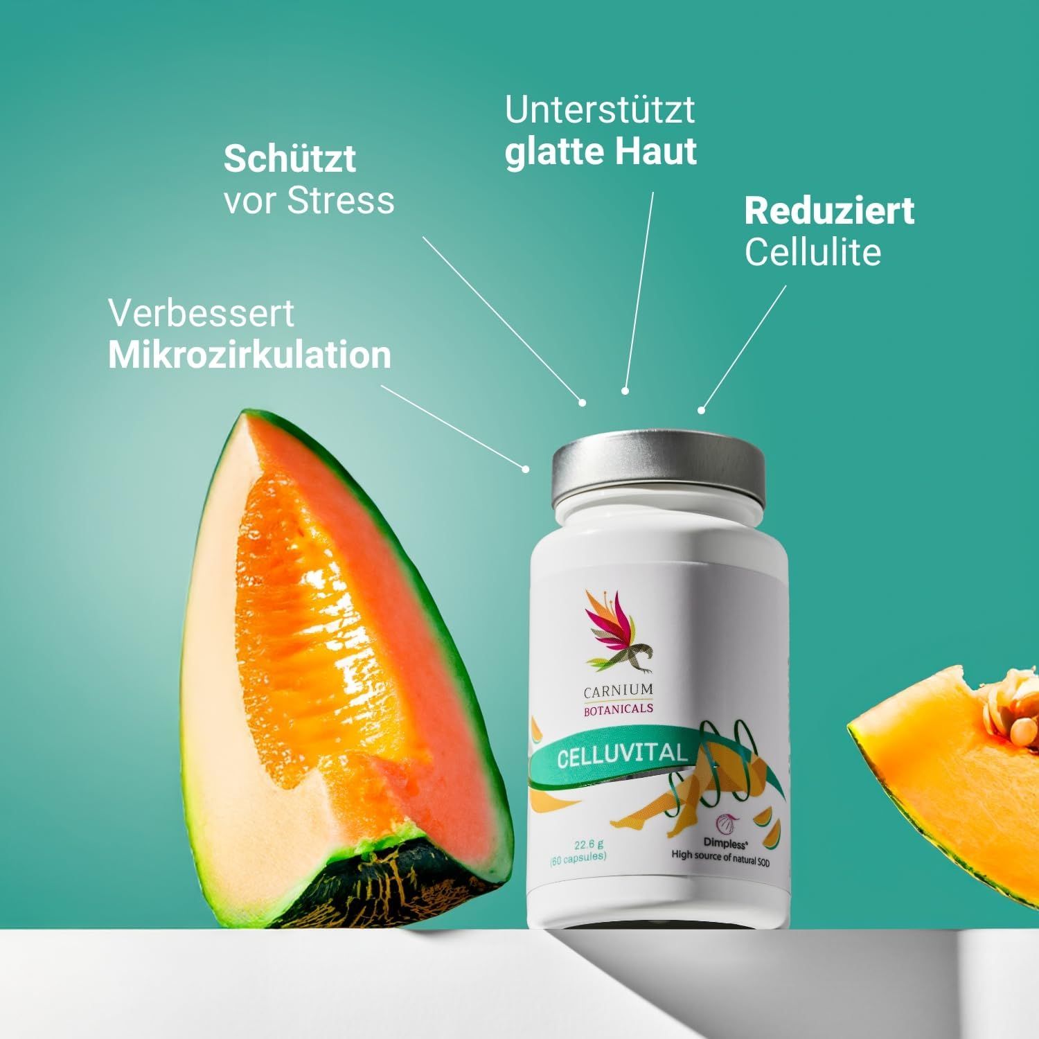 Flacone CELLUVITAL accanto a pezzi di melone. Testo: Protegge dallo stress, supporta la pelle liscia, riduce la cellulite, migliora la microcircolazione.