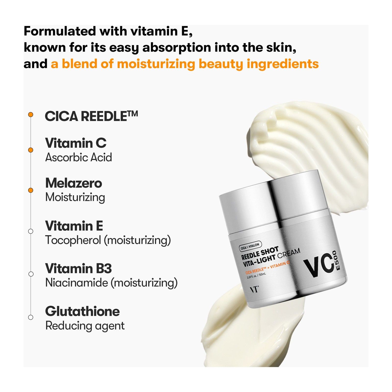 VT Cosmetics Reedle Shot Vita-Light Cream con elenco degli ingredienti come Cica Reedle, Vitamina C, E, B3.