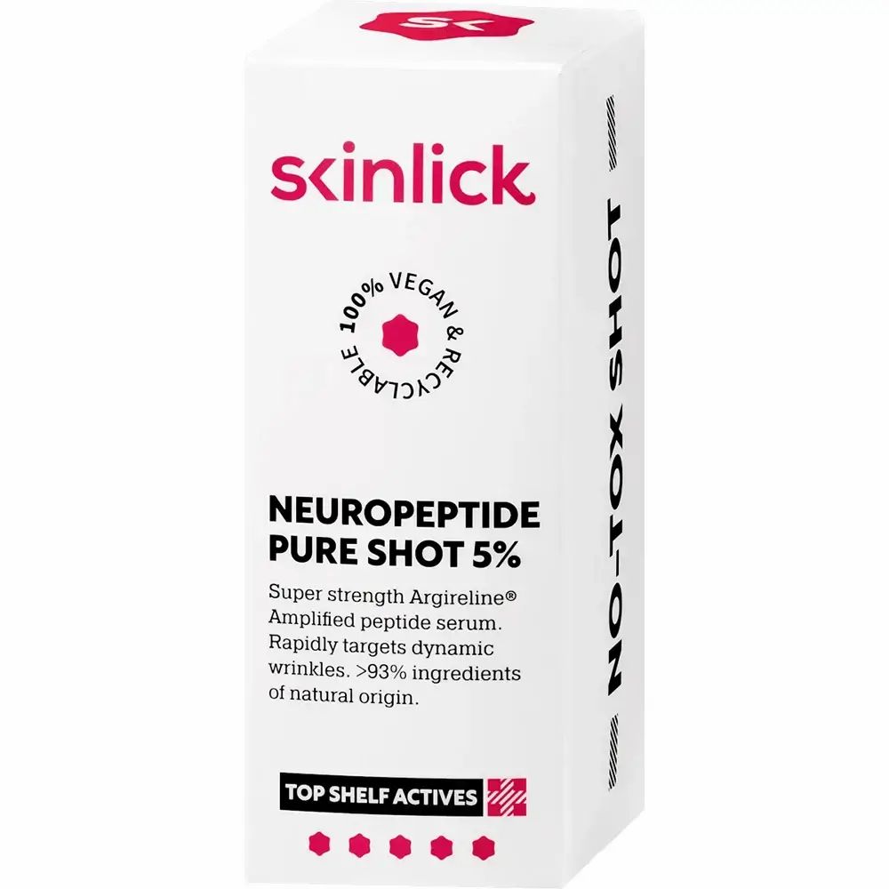 Confezione bianca con logo Skinlick e informazioni sul prodotto. Scritta: Neuropeptide Pure Shot 5%. Vegano e riciclabile.