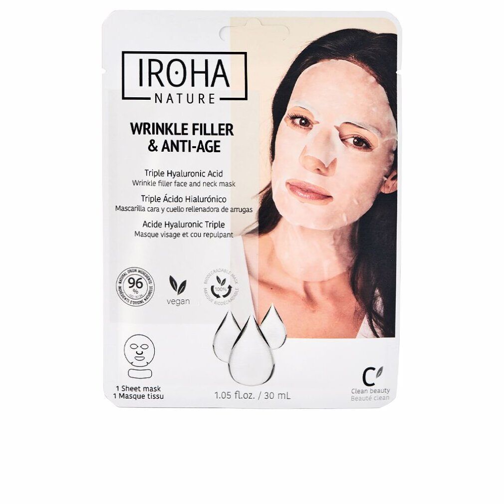 Maschera viso antirughe e anti-età. Confezione con donna che indossa la maschera. Marchio IROHA Nature.