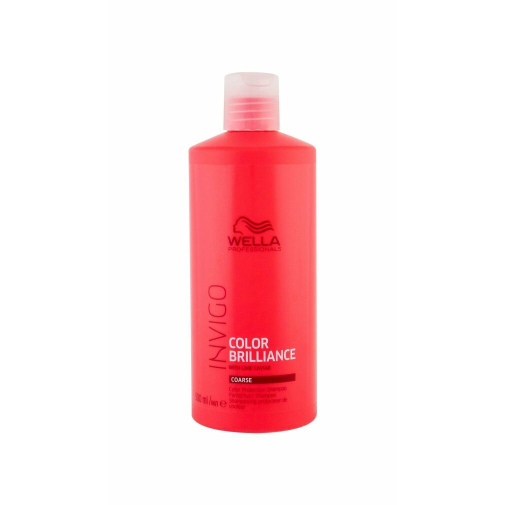 Flacone di shampoo rosso con tappo bianco. Scritte: INVIGO, COLOR BRILLIANCE, COARSE. Marchio: WELLA.