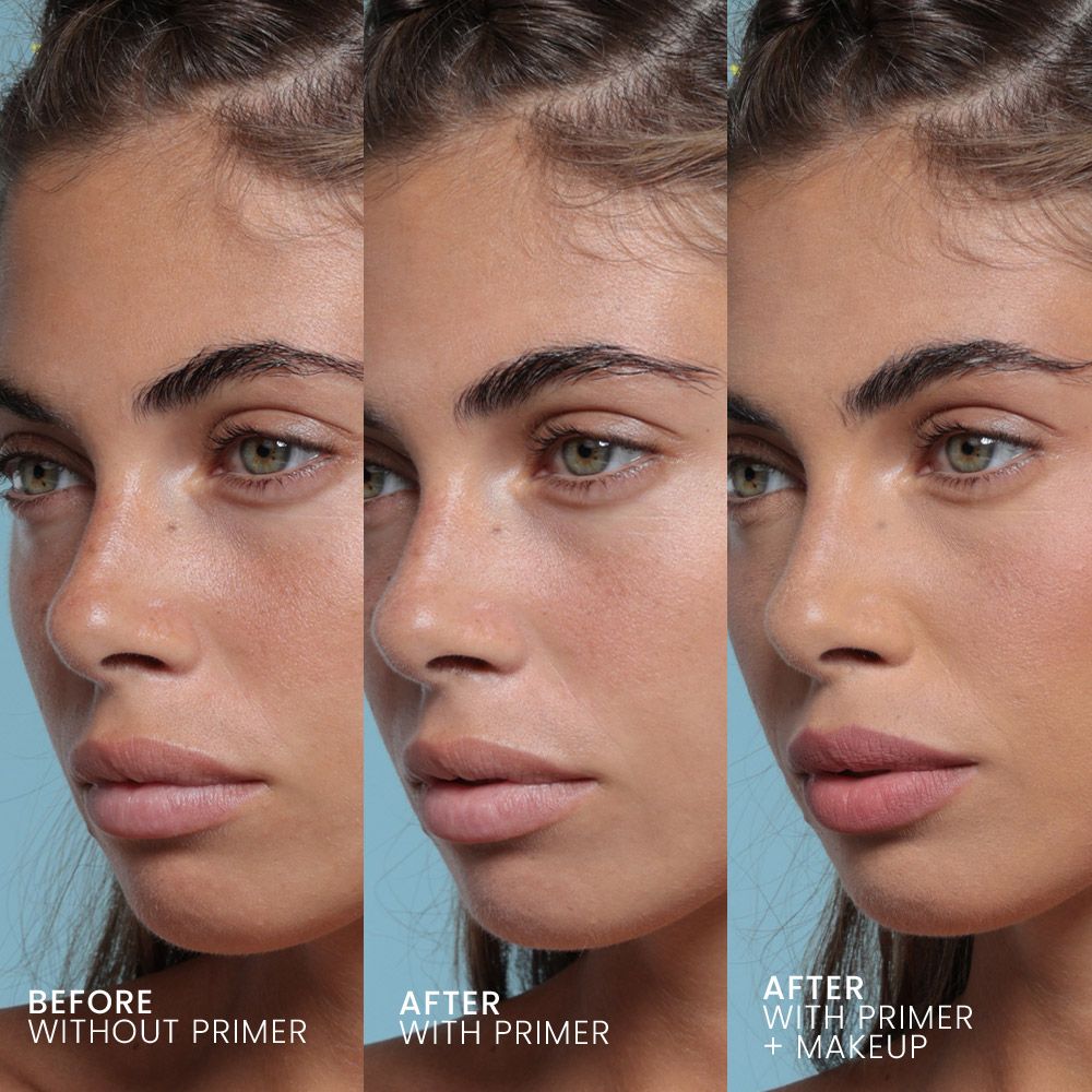 Tre volti affiancati: Prima, Dopo con primer, Dopo con primer e trucco.