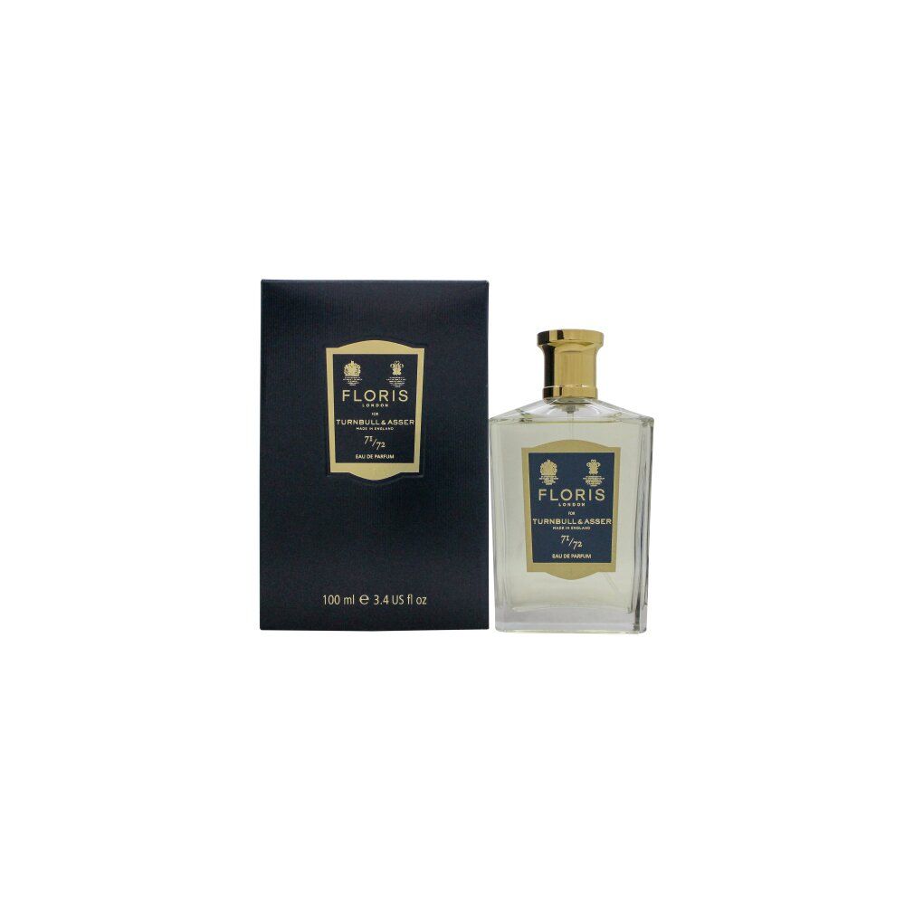 Flacone di profumo e scatola. Sul flacone: FLORIS LONDON, TURNBULL & ASSER, 71/72, Eau de Parfum. Sulla scatola: 100 ml, 3.4 US fl oz.
