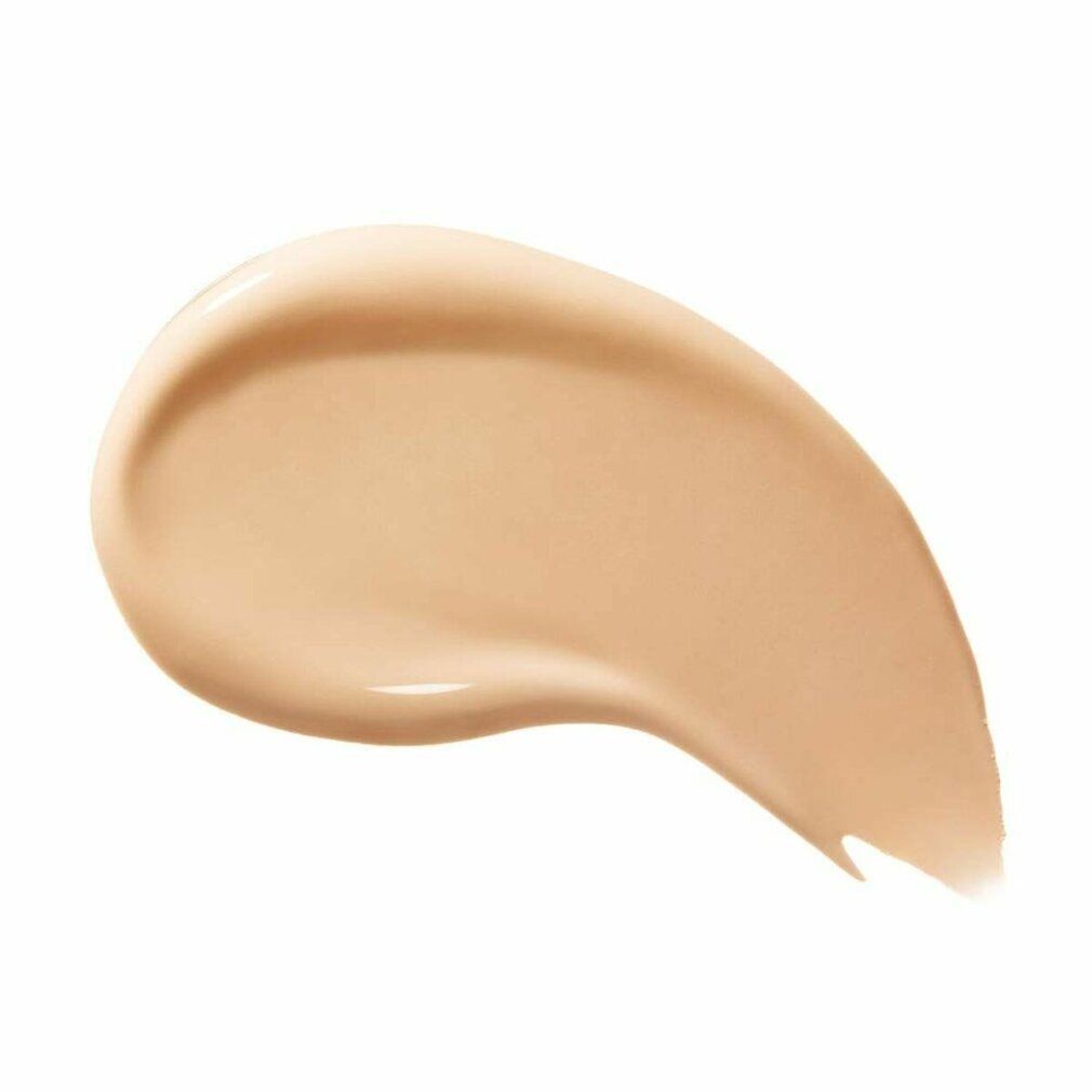Campione di fondotinta Shiseido Synchro Skin Radiant Lifting 220 Linen. Tonalità beige, a forma di goccia su sfondo bianco.