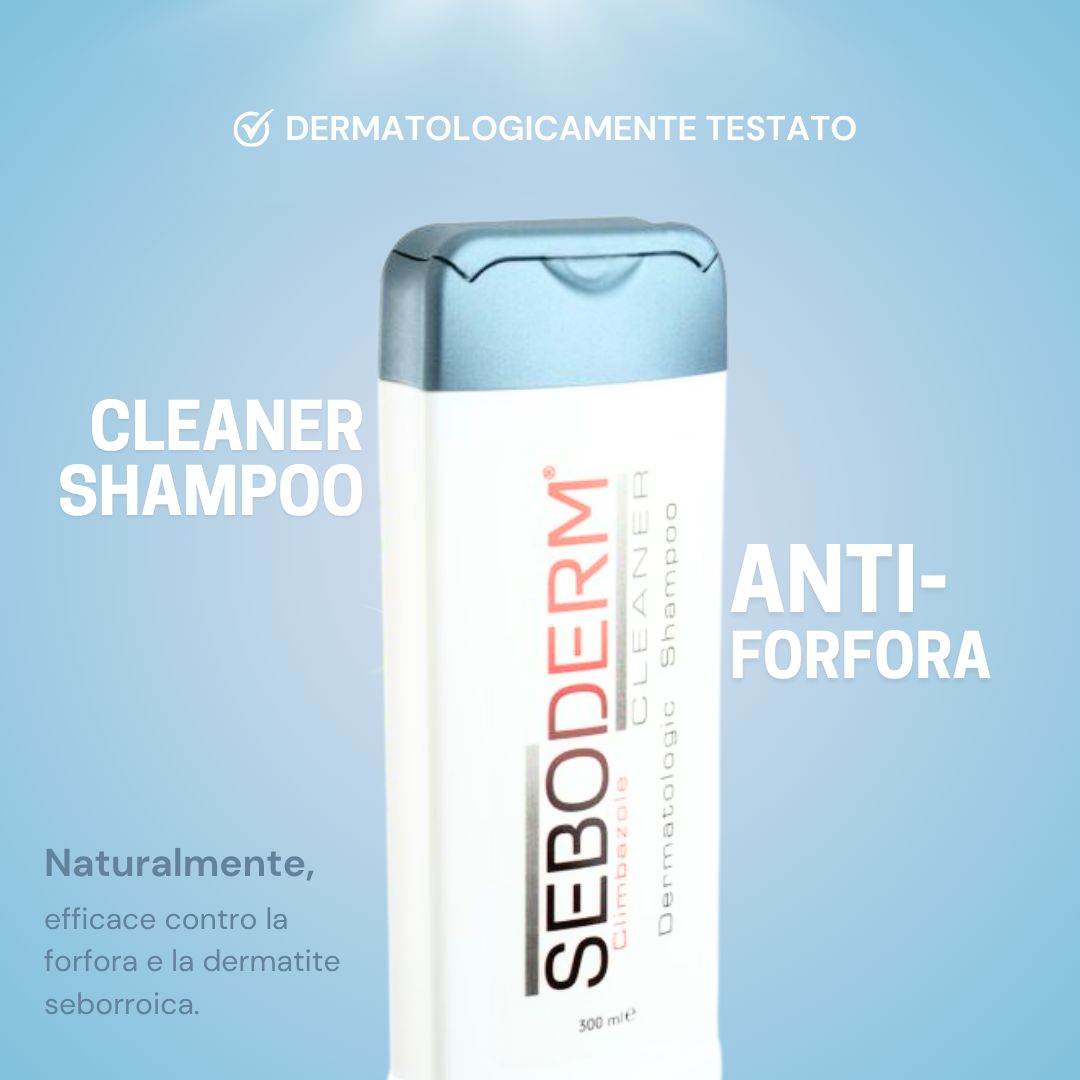 Flacone e scatola di Seboderm Cleaner Shampoo.