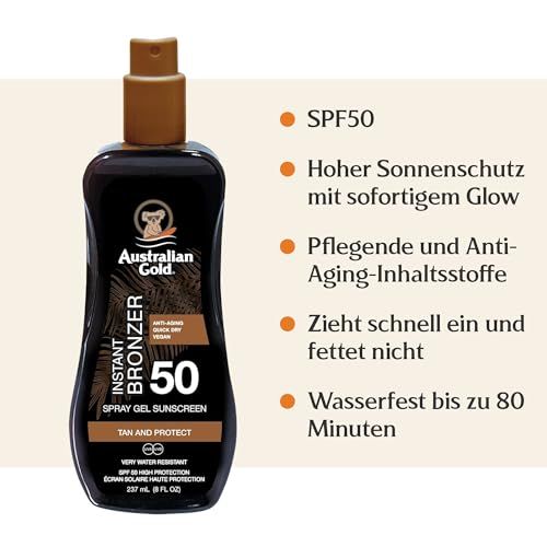 Flacone marrone con vaporizzatore. Scritta: Instant Bronzer SPF50. Testo: Hoher Sonnenschutz mit sofortigem Glow.