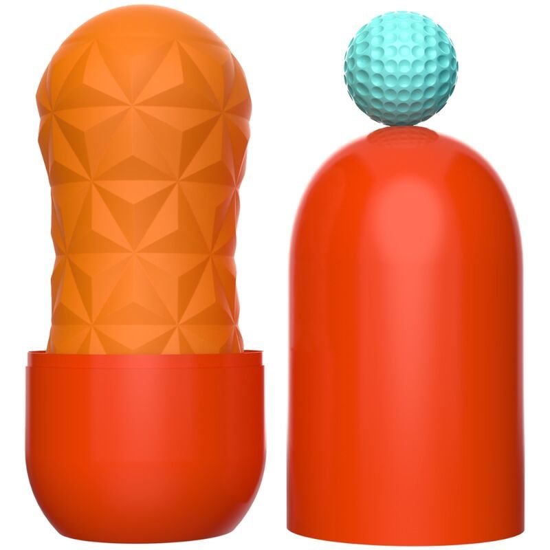 Masturbatore arancione con motivo geometrico, in piedi su un astuccio arancione aperto.