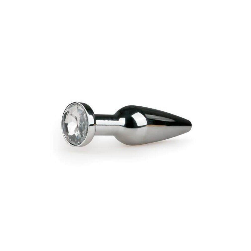 Plug anale in metallo argentato con pietra. Forma conica. Base rotonda con pietra.
