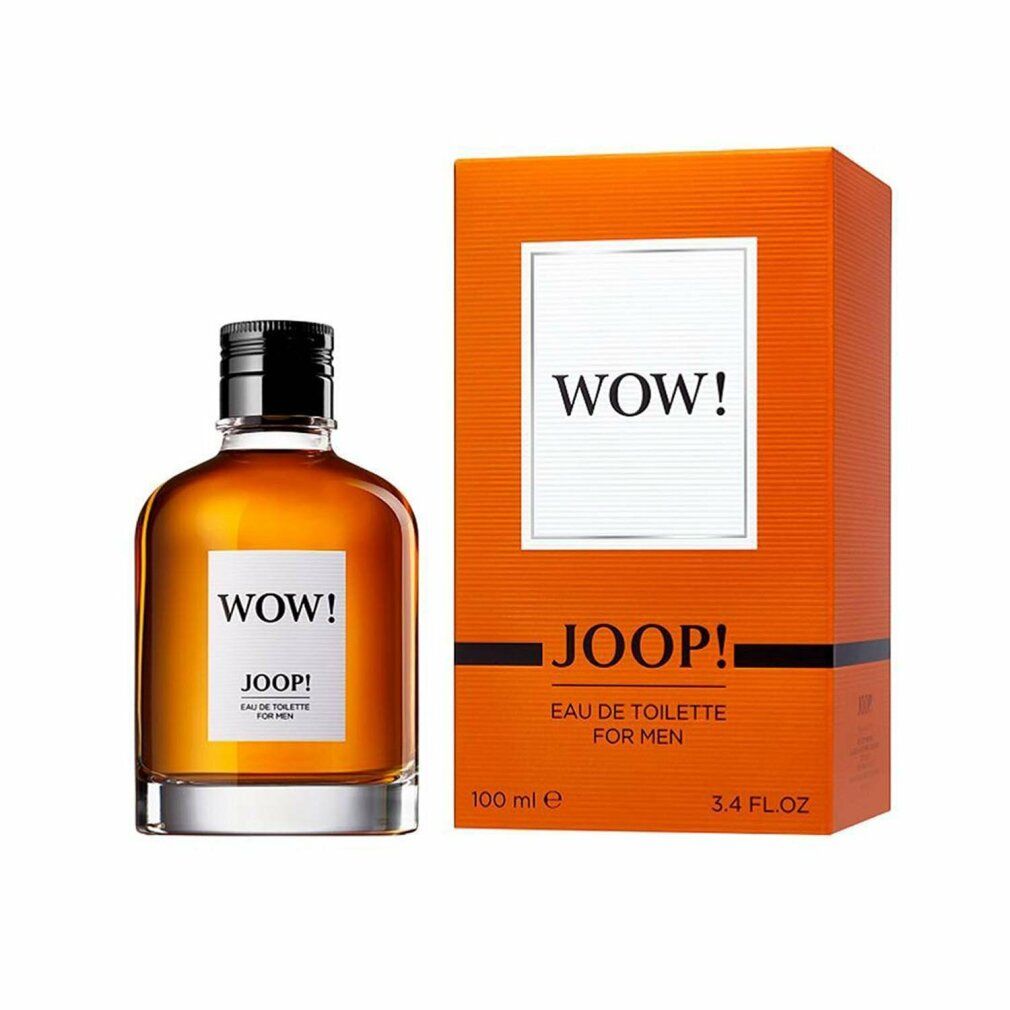 Joop Wow Eau de Toilette per uomo. Flacone e confezione. Scatola arancione con WOW! e JOOP! 100 ml.