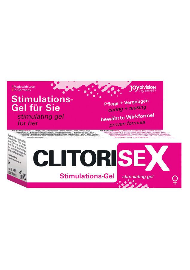 Confezione con scritta CLITORISEX, Stimulations-Gel per lei. Scritta rosa su sfondo bianco.