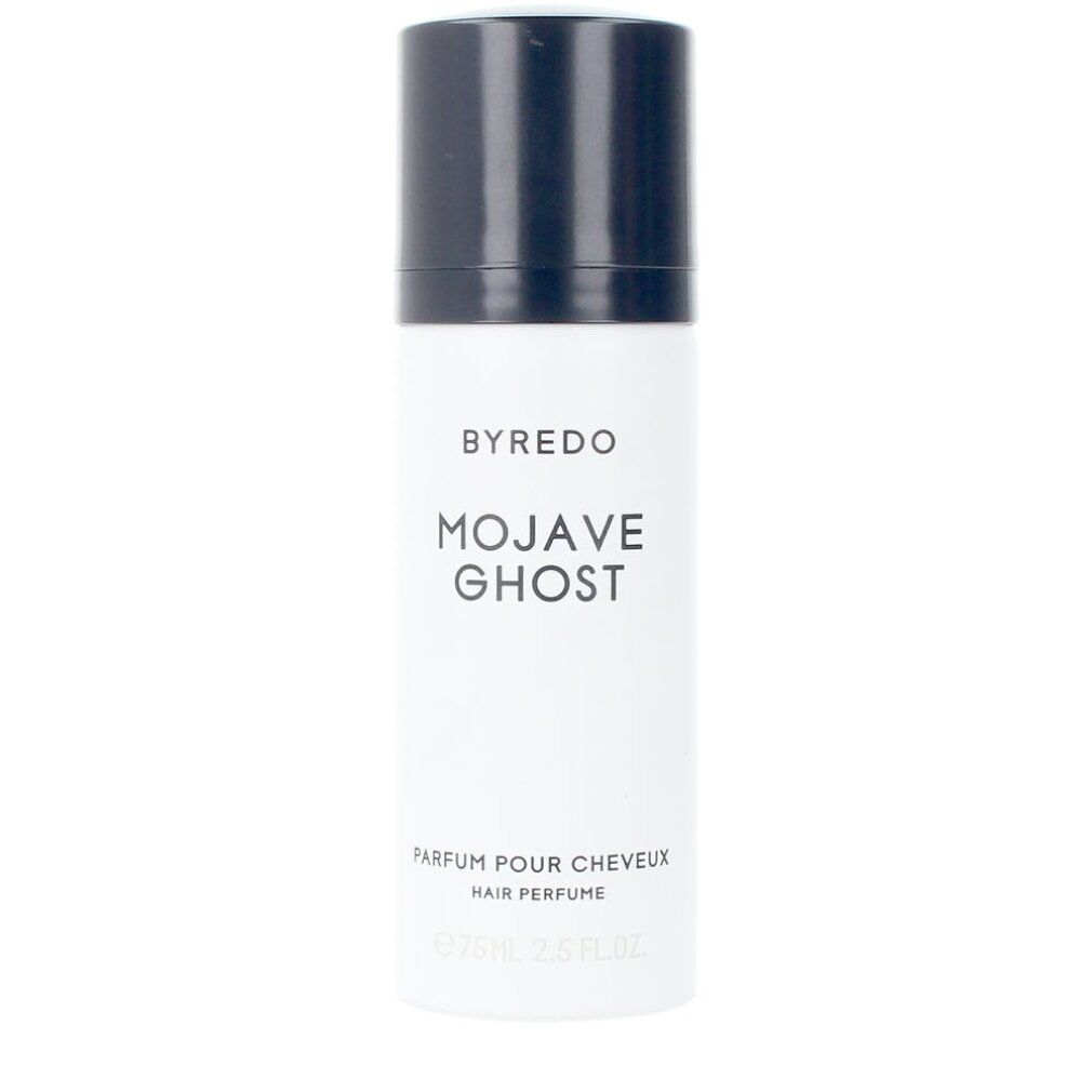 Flacone bianco Byredo Mojave Ghost Hair Perfume, tappo nero. Scritta: Mojave Ghost, Parfum pour Cheveux, Hair Perfume.