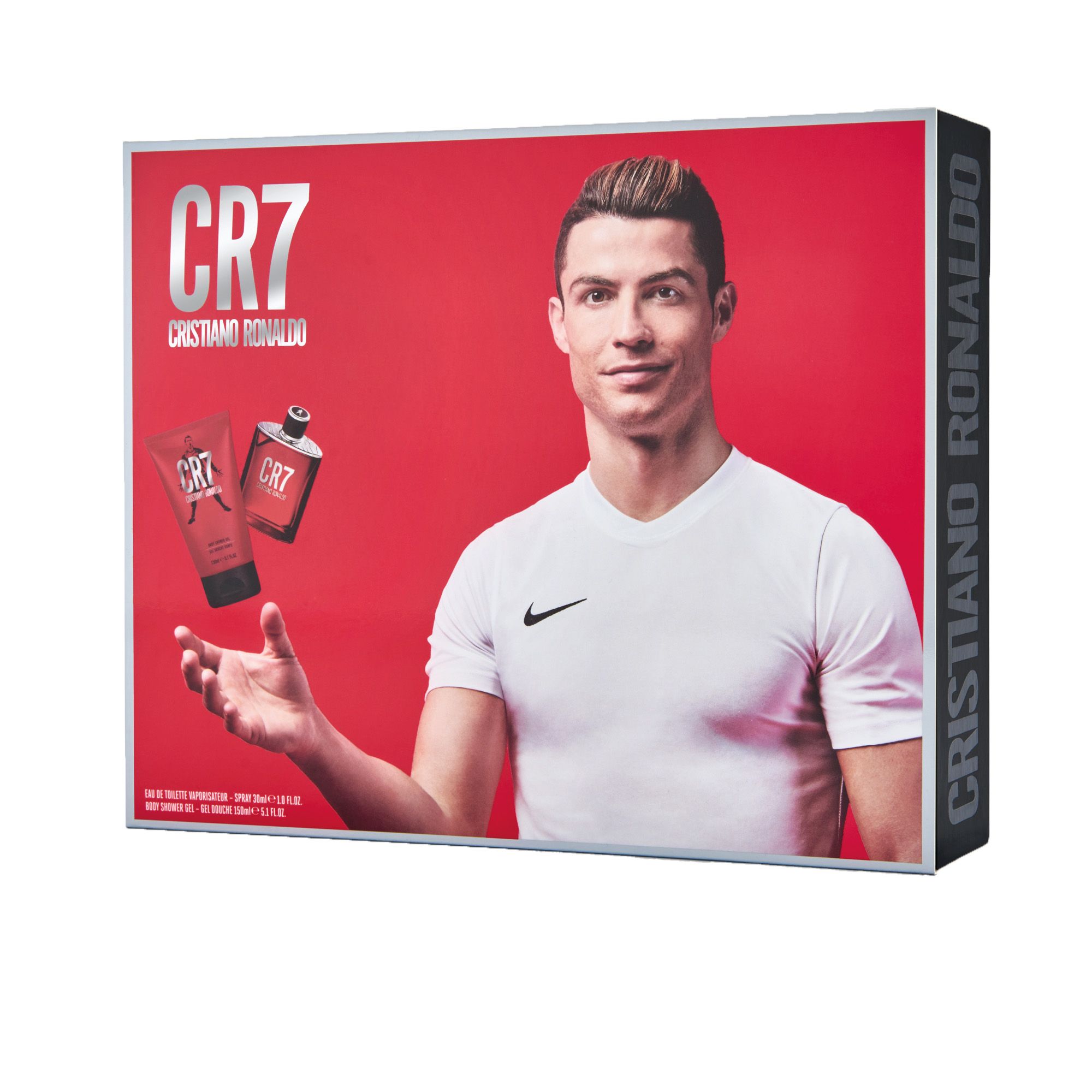 Confezione regalo con logo CR7 e Cristiano Ronaldo. Sfondo rosso. 'Cristiano Ronaldo' sul lato.