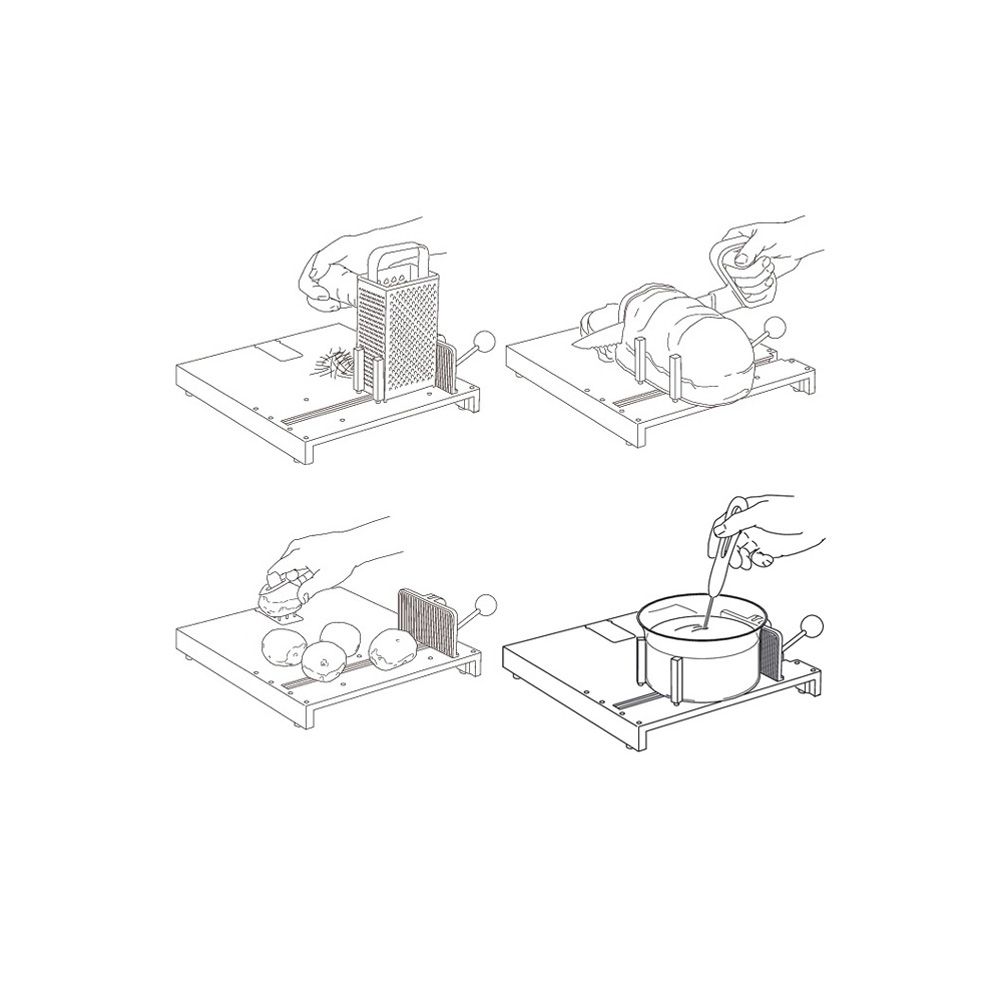 Schizzi di tagliere bianco con supporti. Diversi usi: grattugiare, tagliare, sbucciare e mescolare alimenti.