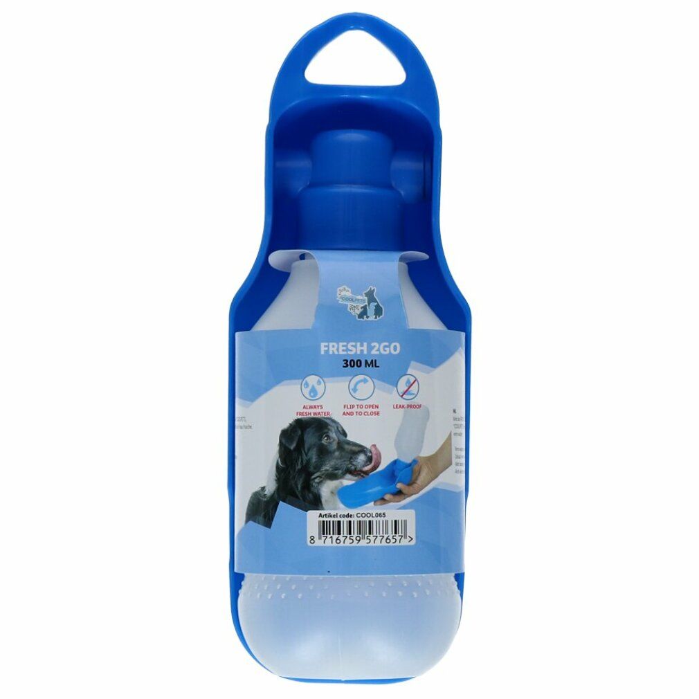 Borraccia blu con contenitore bianco. Scritta: FRESH 2GO, 300 ml. Immagine di un cane che beve. Con anello per il trasporto.