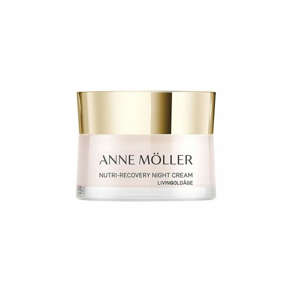 Vaso di crema con coperchio dorato. Scritta: Anne Möller, Nutri-Recovery Night Cream, Livingoldâge.
