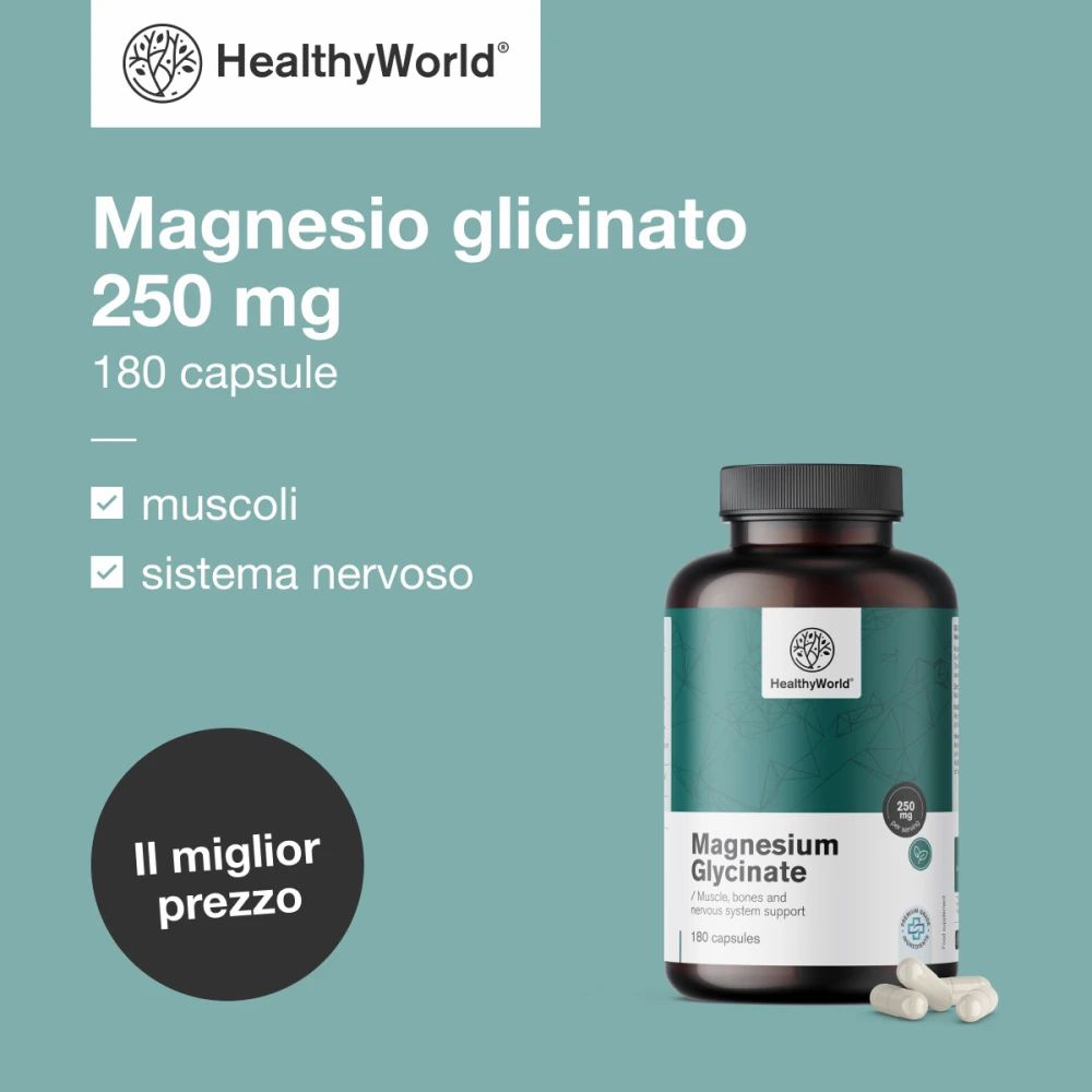Flacone di Magnesium Glycinate. Scritta: 250 mg, 180 capsule. Marchio: HealthyWorld. Testo: Muscoli, sistema nervoso. Prezzo.