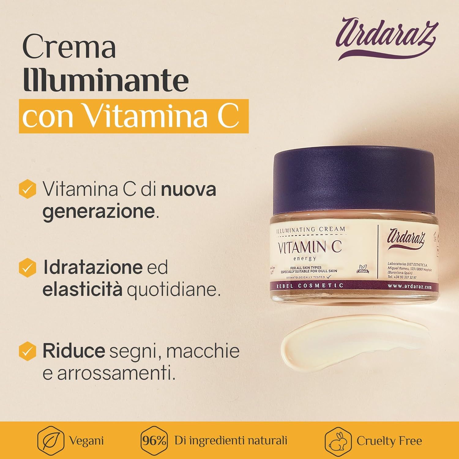 Crema Illuminante con Vitamin C. Testo: Nuova generazione, idratazione quotidiana, riduce le macchie. Vegano, 96% naturale.