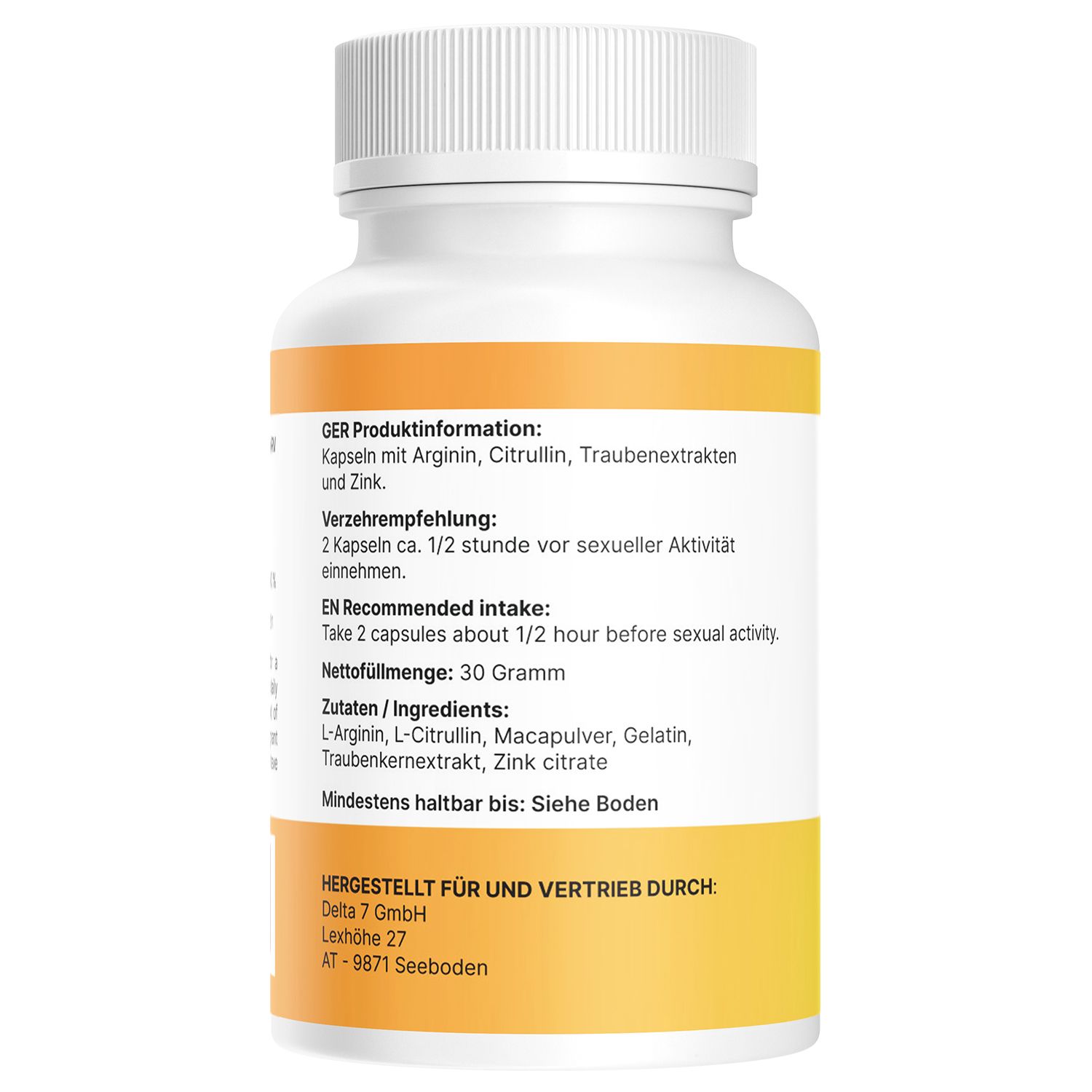 Retro del flacone di Vesax. Contiene informazioni sugli ingredienti, il dosaggio e il produttore. Confezione giallo-bianca.