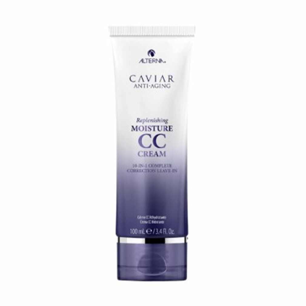 Tubo di crema CC. Sfumatura bianco-viola. Scritte: Caviar Anti-Aging, Replenishing Moisture CC Cream. 10-in-1.