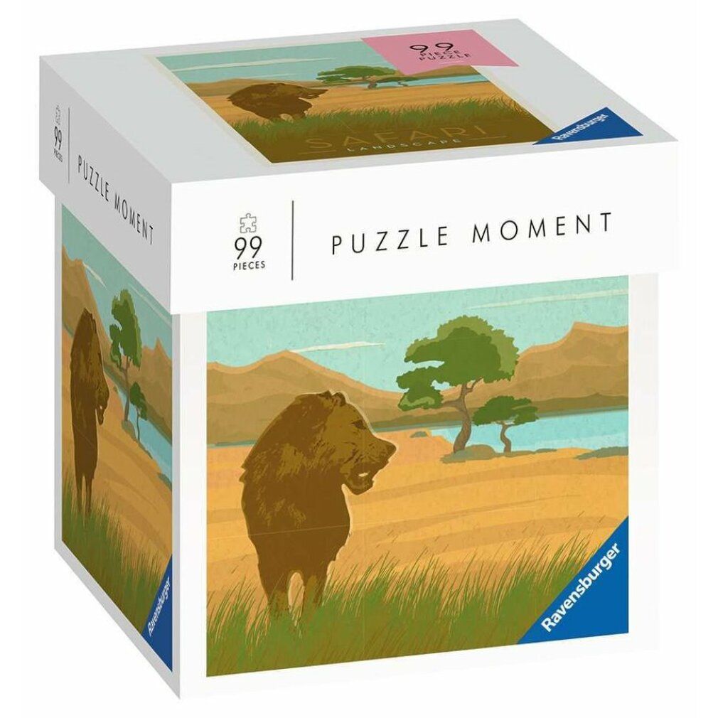Ravensburger Puzzle Moment: Safari, 99 pezzi. Confezione cubica con immagine puzzle: leone nella savana. Marchio e numero pezzi visibili.