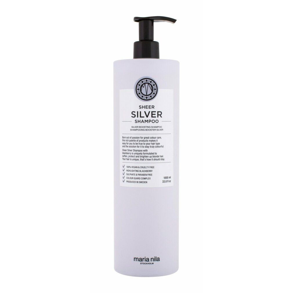 Flacone bianco con pompa contenente Maria Nila Sheer Silver Shampoo. 1000 ml.