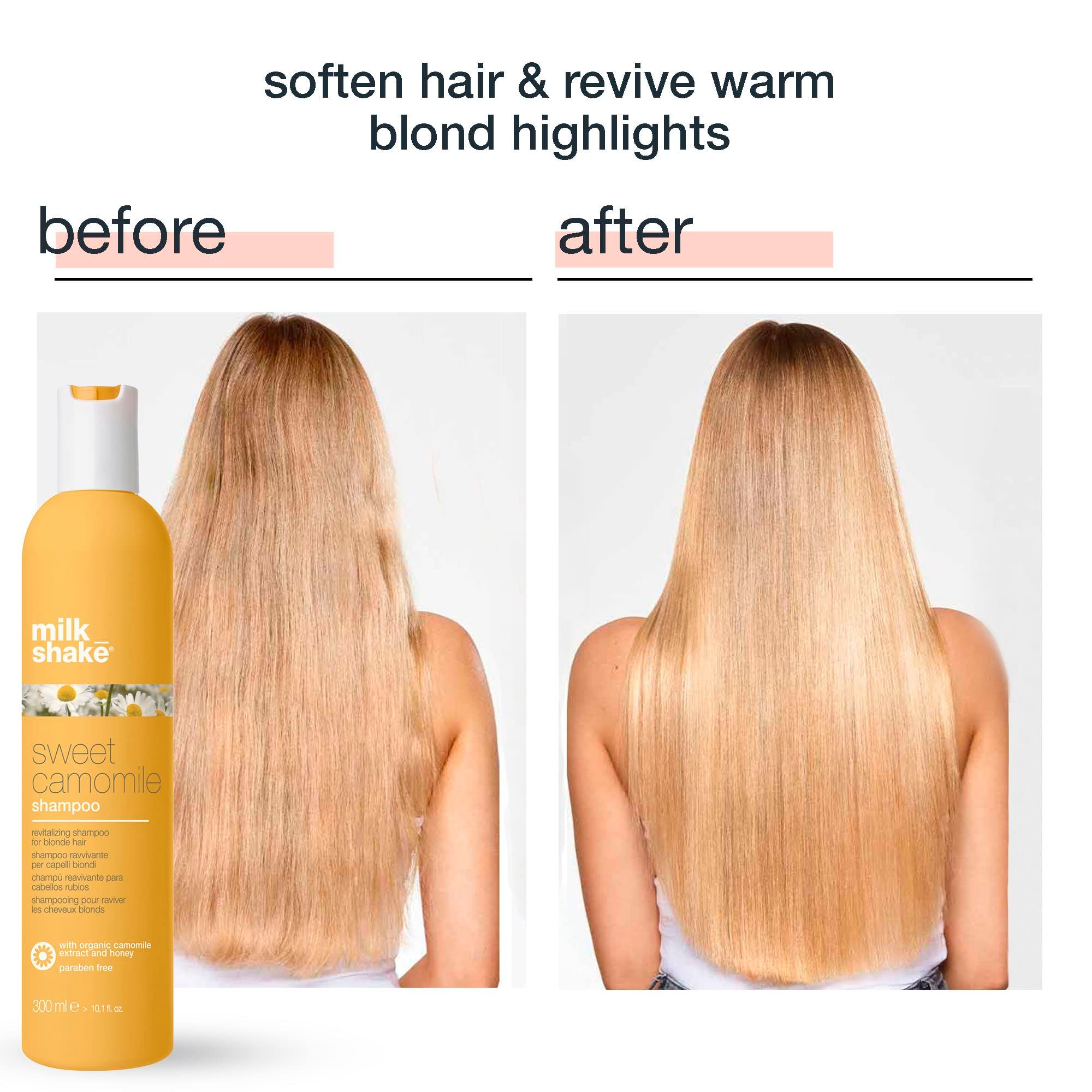Confronto prima-dopo. A sinistra: flacone giallo, milk_shake, sweet camomile shampoo. A destra: capelli biondi, lucenti. Testo: ammorbidire i capelli e ravvivare i riflessi biondi caldi.