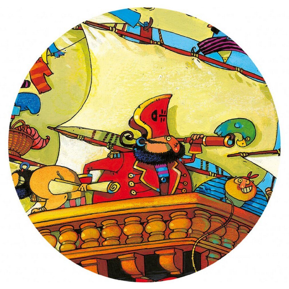 Dettaglio del puzzle Barbarossa. Pirata sulla nave, con cannocchiale. Vele gialle, mantello rosso. Djeco.