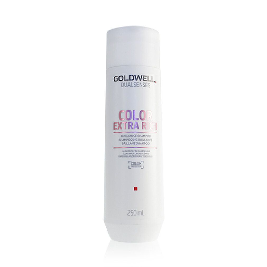Goldwell Dualsenses Color Extra Rich Brilliance Shampoo. Flacone bianco con testo rosa. Nome del prodotto e logo visibili. 250ml.