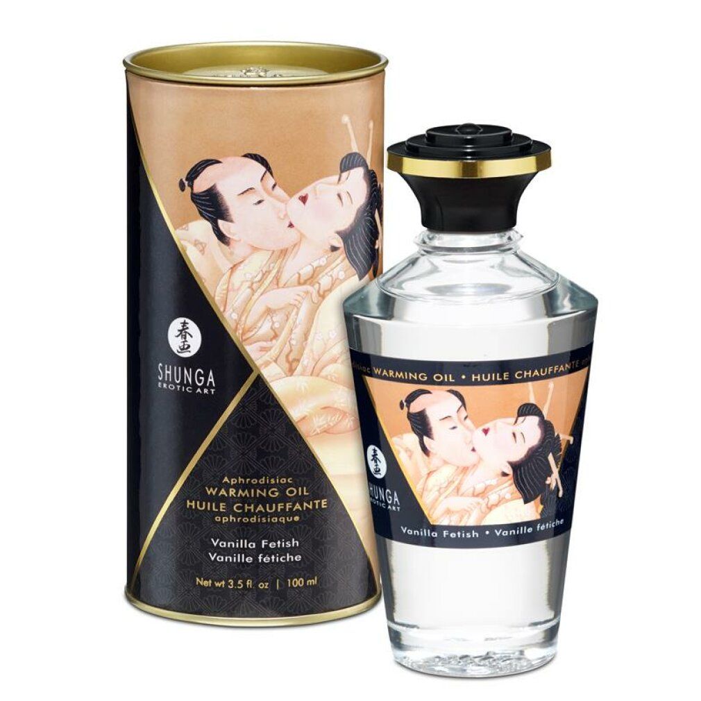 Olio da massaggio Shunga, aroma vaniglia. Bottiglia e confezione con illustrazione di una coppia. Testo: Warming Oil, Vanilla Fetish.