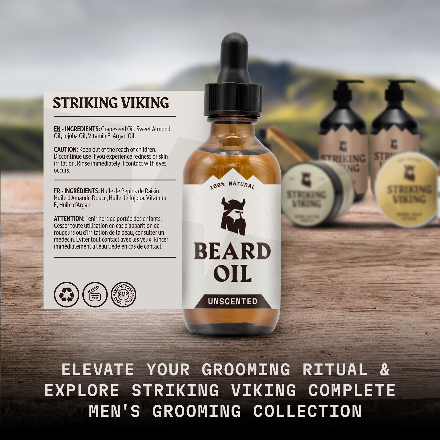 Olio da barba Striking Viking, 100% naturale, non profumato, in flacone di vetro marrone con contagocce.