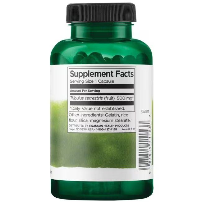 Retro del flacone verde. Scritta: Supplement Facts. Tribulus terrestris (frutto) 500 mg. Altri ingredienti: gelatina, farina di riso.