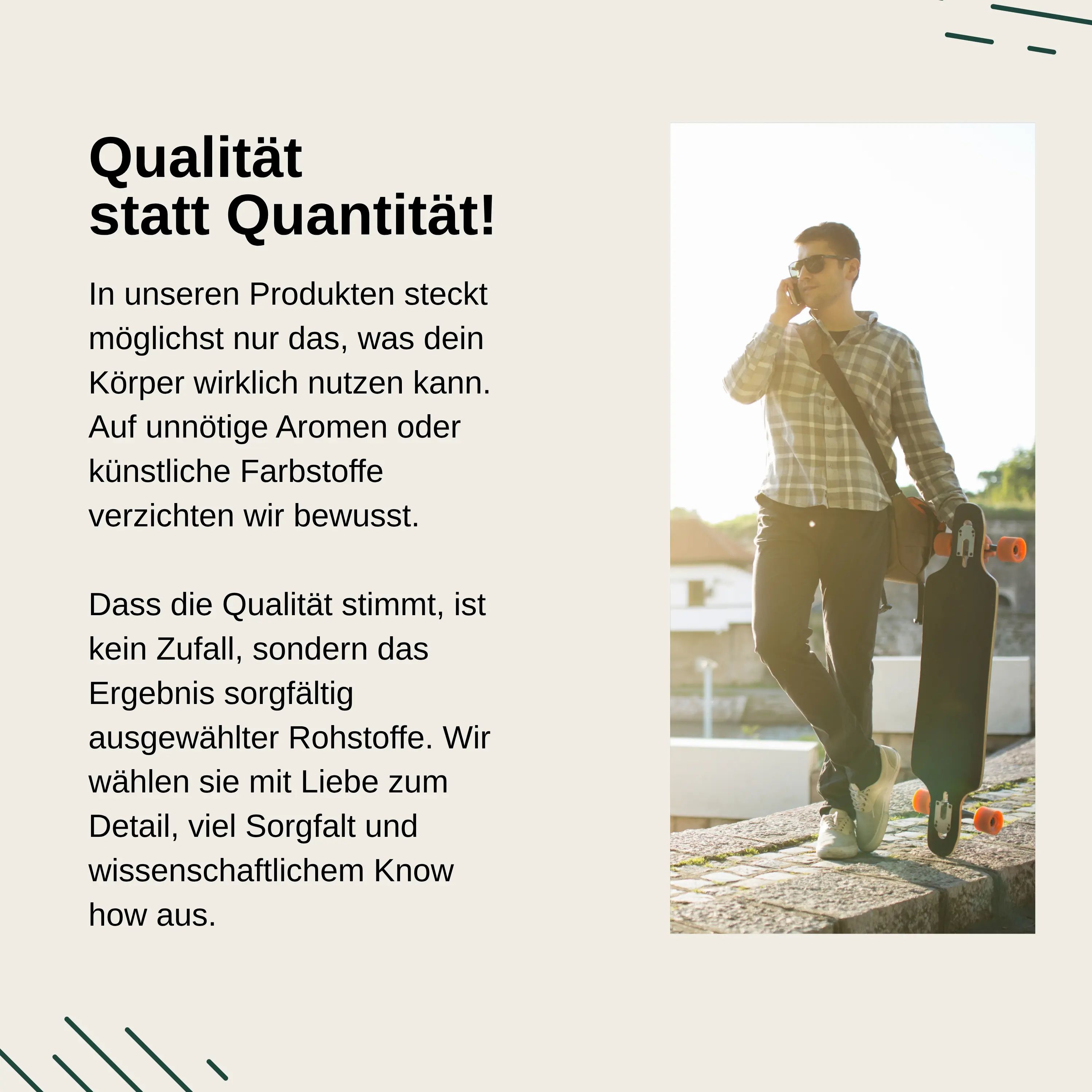 Uomo con skateboard e telefono, rappresenta la qualità e la selezione consapevole delle materie prime.