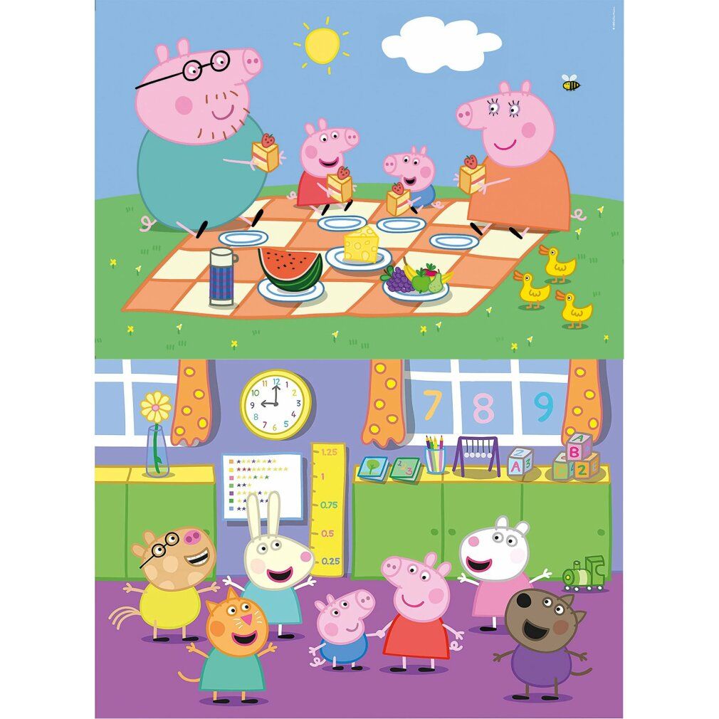 Due puzzle con illustrazioni di Peppa Pig. Scene: picnic in famiglia e amici in classe. Puzzle Clementoni.