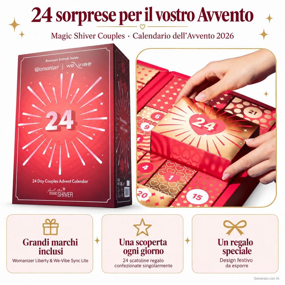 Un calendario di 24 sorprese per coppie, riempito con vari prodotti per il benessere e accessori.