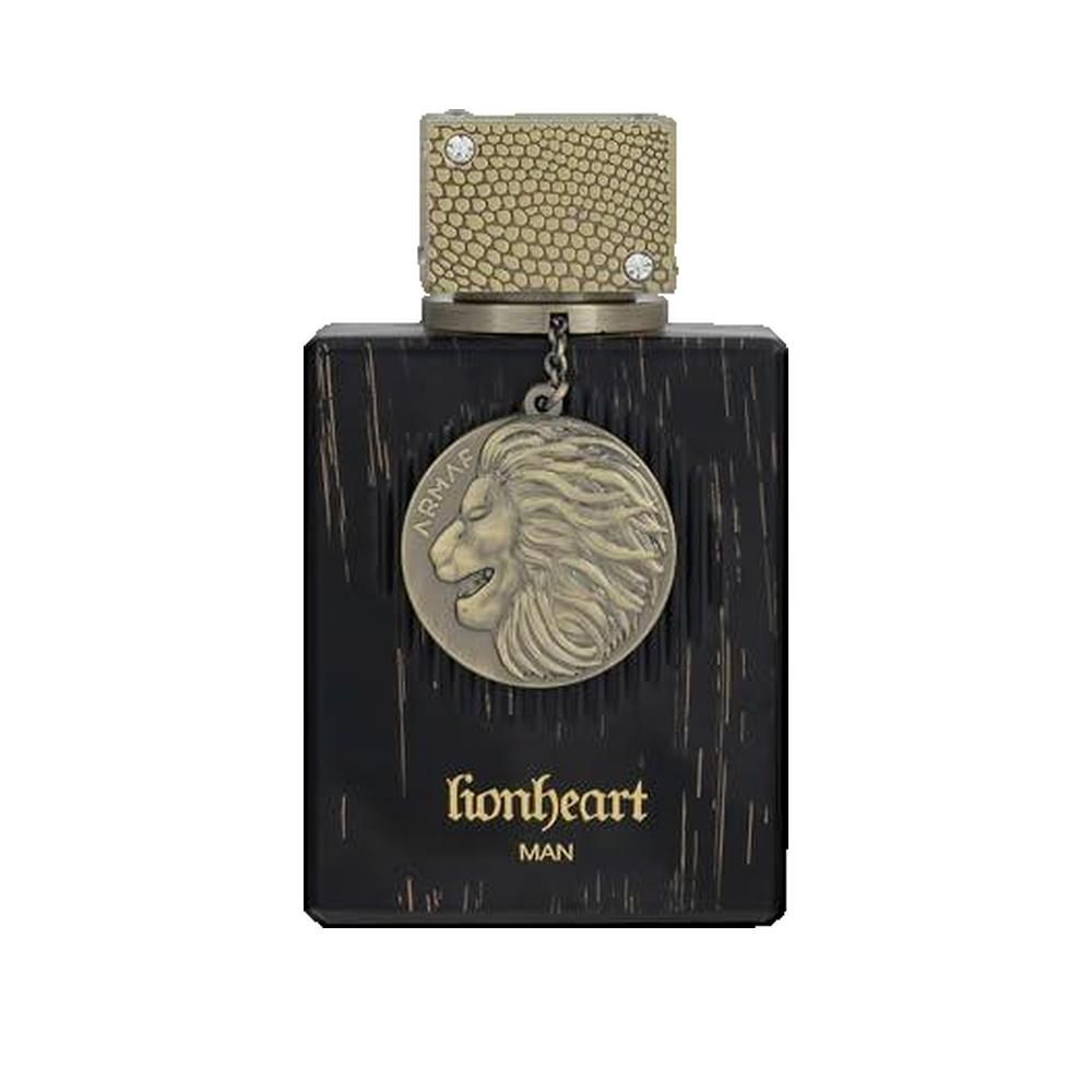 Flacone di profumo con design a venature del legno nero. Ciondolo con testa di leone e scritta "Armaf". Il tappo è dorato.