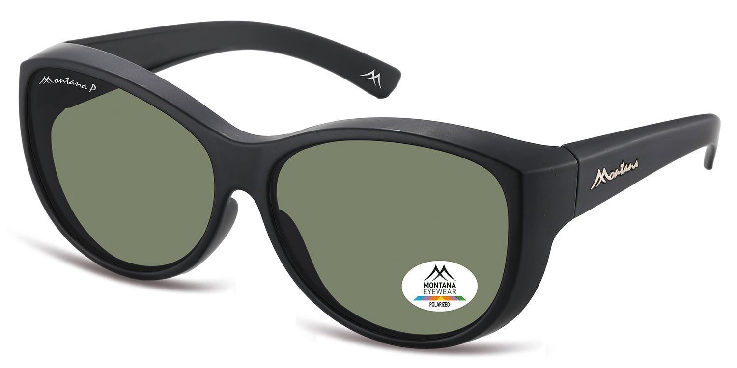 Occhiali da sole neri, vista laterale. Lente verde, logo Montana Eyewear sulla stanghetta e sulla lente. Polarizzati.