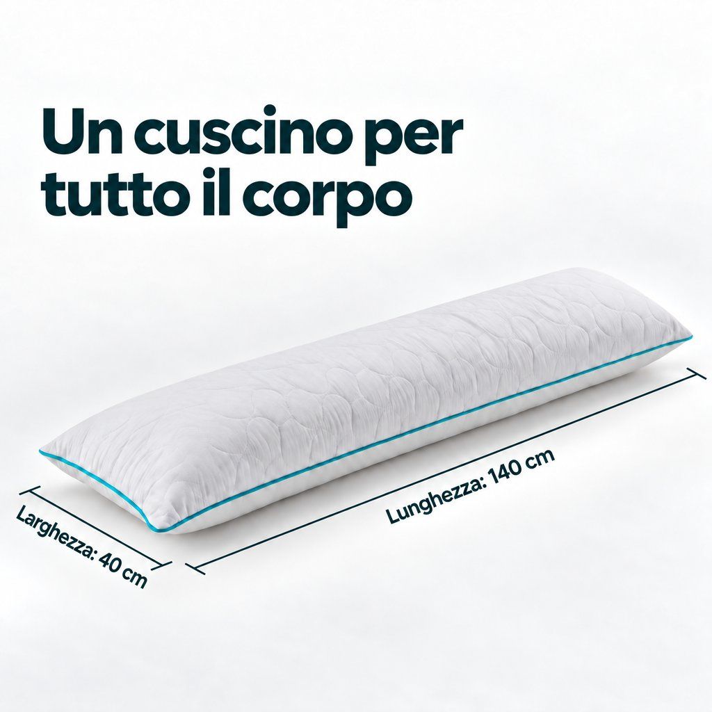 Lungo cuscino bianco, lungo 140 cm e largo 40 cm, con bordatura blu.