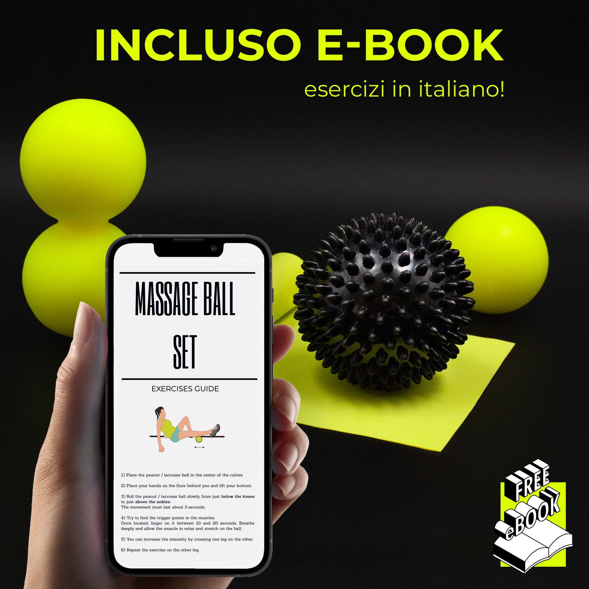 Smartphone mostra set di palline massaggio con guida esercizi, due palline accanto.