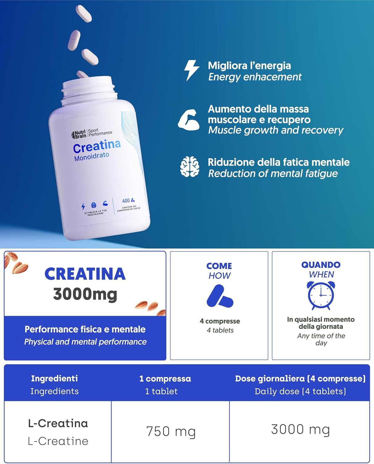 Flacone di creatina monoidrato, 400 compresse da 1000 mg, formato XXL.