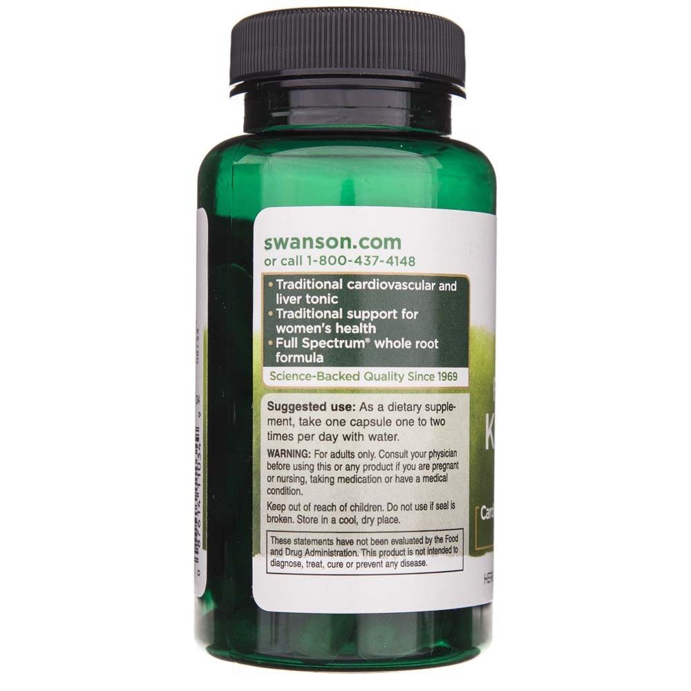 Retro di un flacone verde di capsule Swanson Kudzu Root con istruzioni per l'uso.