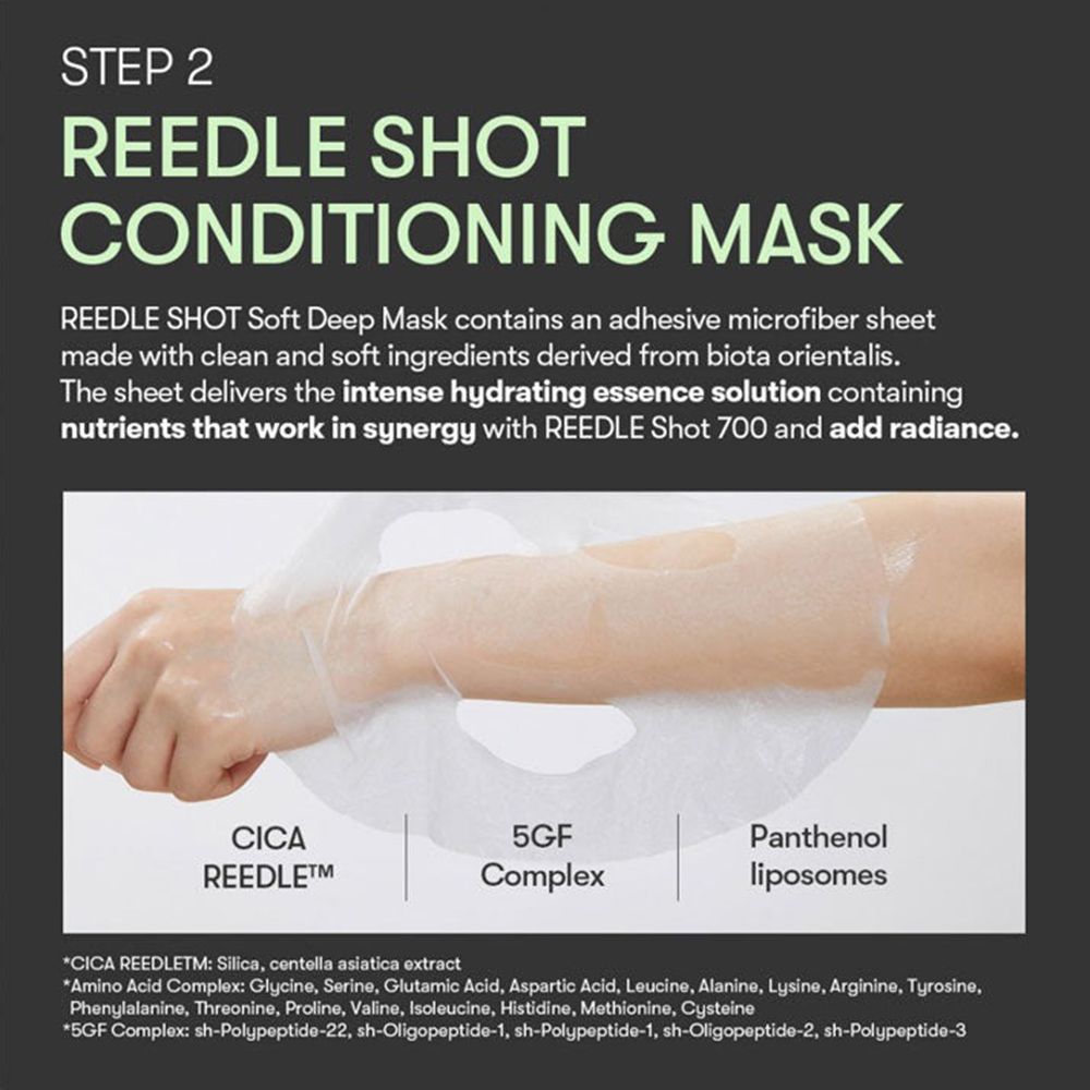 Riquadro di testo con: REEDLE SHOT CONDITIONING MASK. Descrive la maschera. Ingredienti: Cica Reedle, 5GF Complex, Pantenolo.