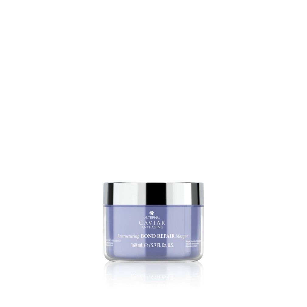 Vasetto di crema lilla chiaro con coperchio argentato. Scritta: Caviar Anti-Aging, Restructuring Bond Repair Masque.