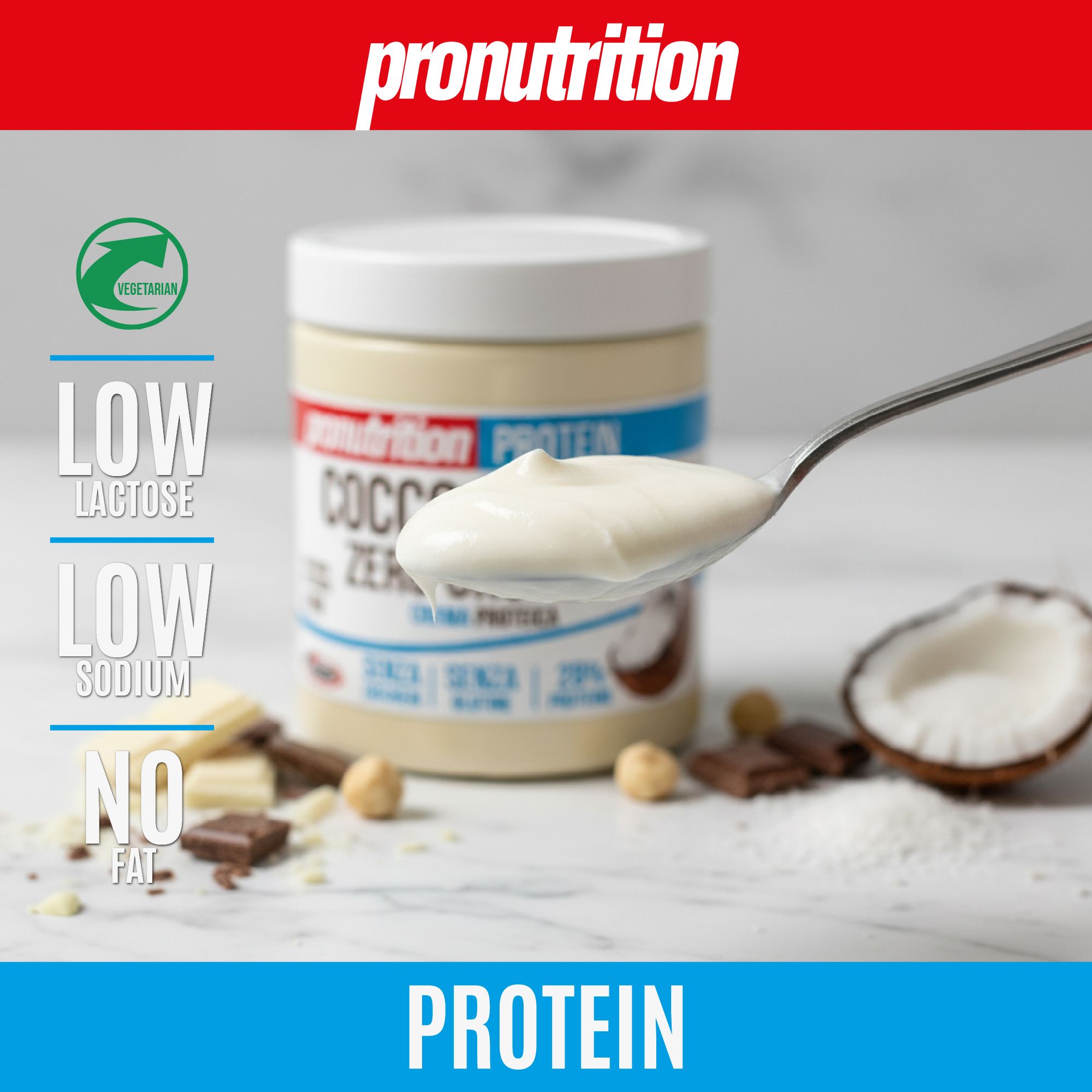 Cucchiaio di crema bianca, accanto a cocco e ingredienti. Testo: LOW LACTOSE, LOW SODIUM, NO FAT. Marchio Pronutrition.
