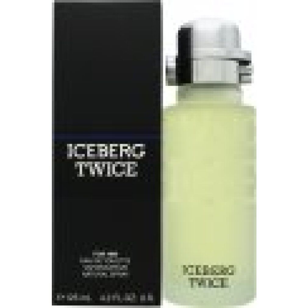 Flacone e scatola. Flacone con tappo argentato. Scatola nera con scritta bianca ICEBERG TWICE. Testo: Eau de Toilette Pour Homme, Vaporisateur.
